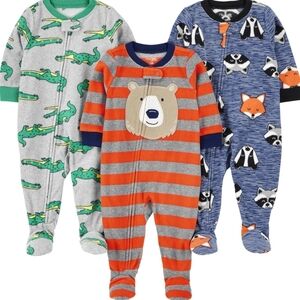 3-Pack Kids Footed One-Piece Pajamas - Orange/Gray, Blue, Gray/Green